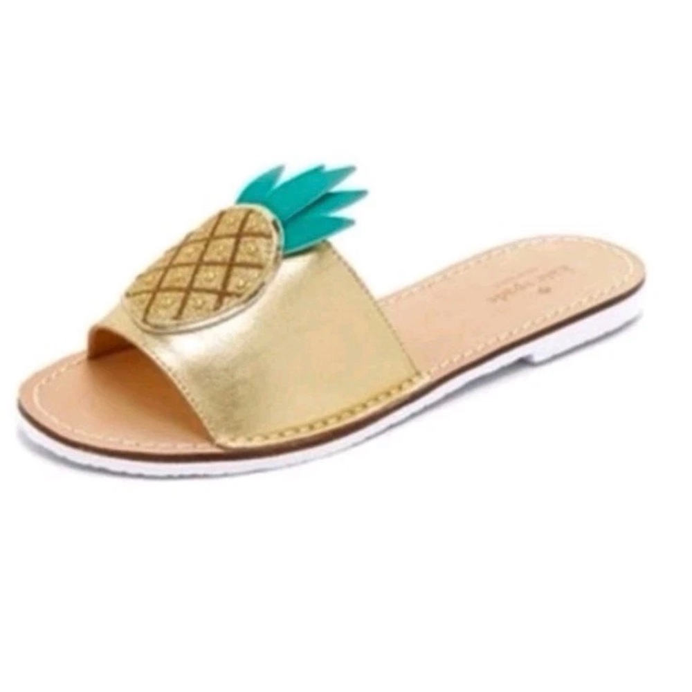 Kate Spade Pineapple Slide 10 Ibis Sandals Gold Metallic Leather Tropical Resort